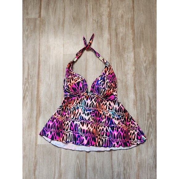 VENUS Other - Venus Animal Print Tankini Tie Neck Open Back Bright Pink Blue Orange Sz 14 EUC
